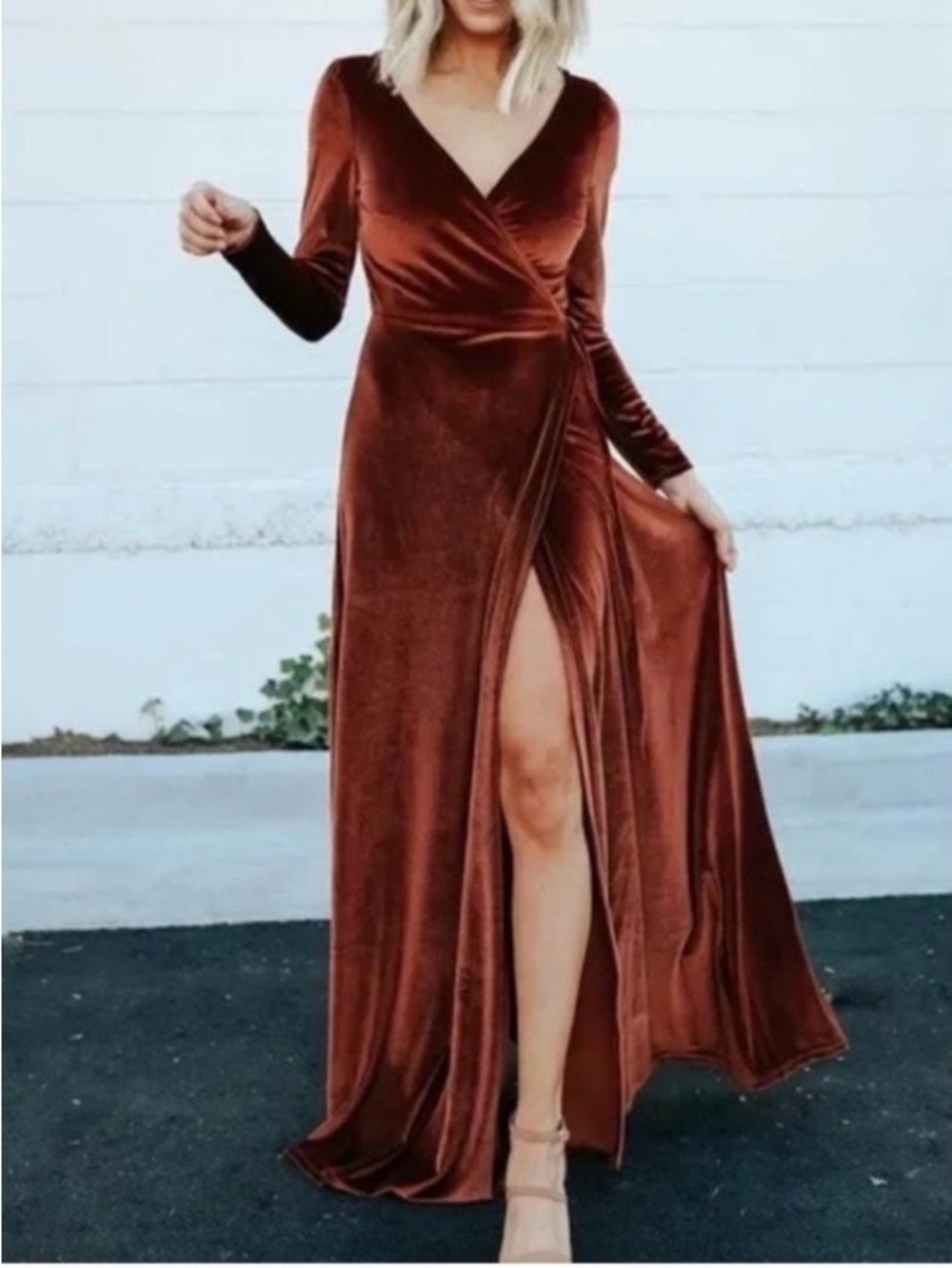 Baltic Born Rust Velvet Wrap Maxi Dress with Side Slit! NEW NWT Sz L Party ready
